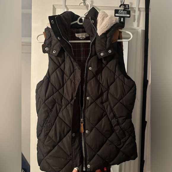 H&M Puffy Fleece Removable Hood Shoulder Pads Army Green Jacket Vest Women’s 6 M - Picture 3 of 6